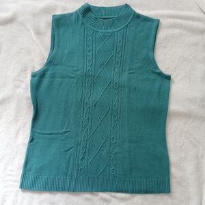 R.Q.T.  Petite Women's Mock Neck Sleeveless Knit Top Ribbed Sweater Size L Teal